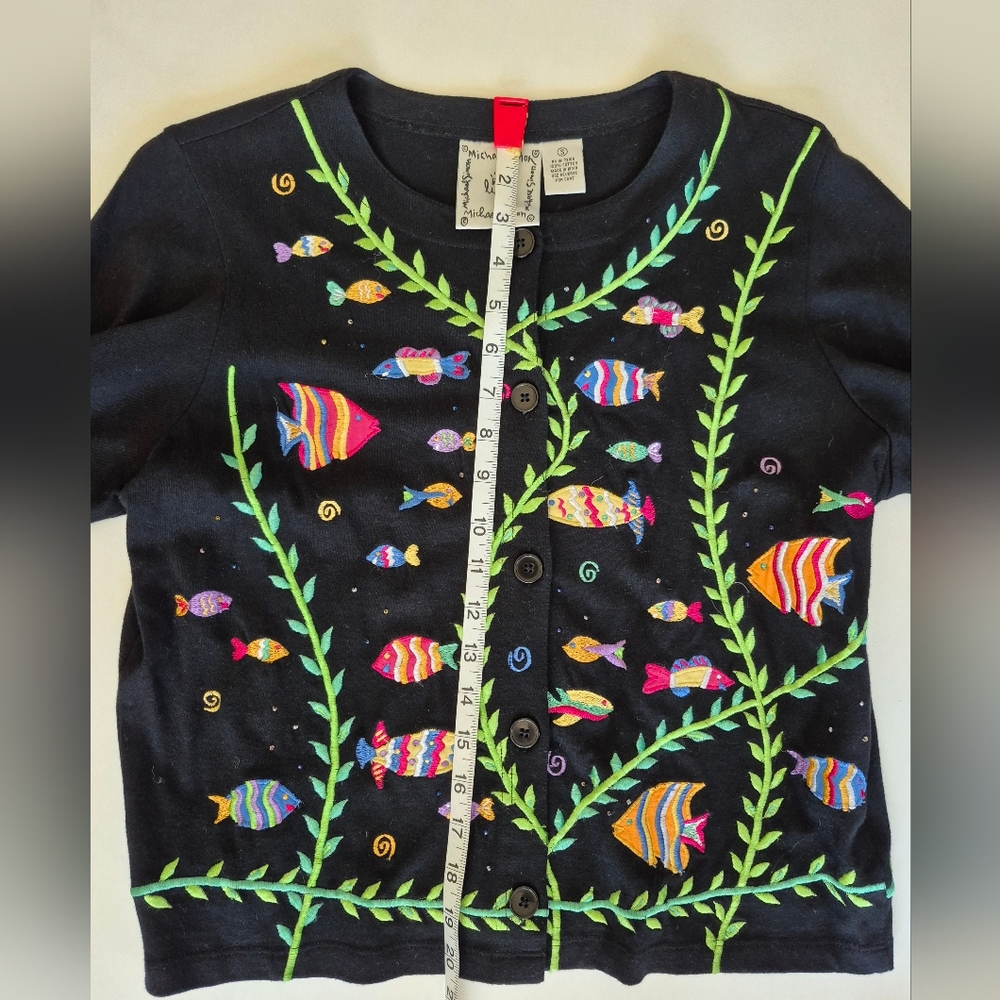 Michael Simon Cardigan Black Fish Embroidered Long Sleeve Button Up Size S - Picture 8 of 9